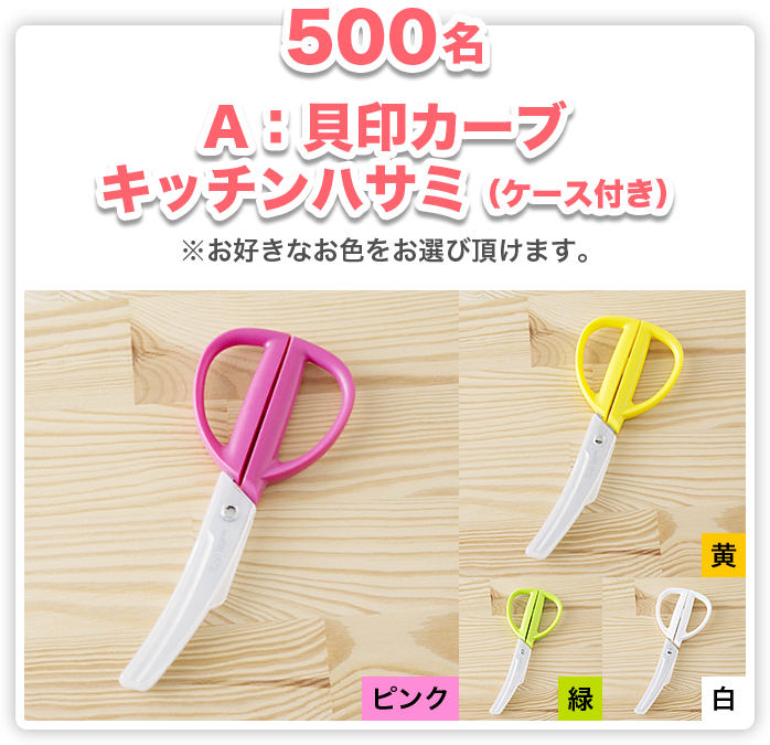 500名 A：貝印カーブキッチンバサミ（ケース付き）※お好きなお色をお選び頂けます。